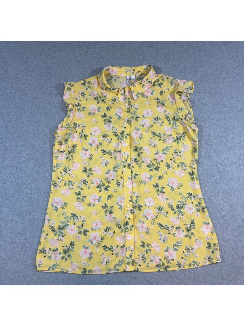 Elle Women’s Medium Yellow Floral Sleeveless Button Front Blouse Ruffle Sleeve T